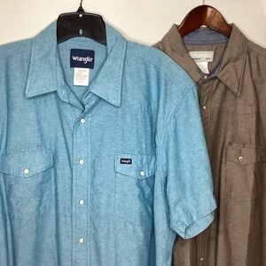 Wrangler Western Shirt Mens 2XL Short Sleeve Button Down Pockets Blue Brown